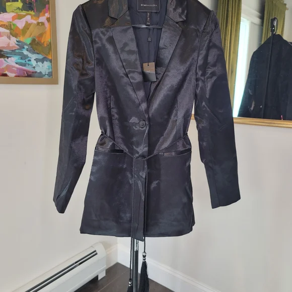 BCBGMaxAzria Black Satin Tassel-Tie Blazer Jacket, Size XXS - Picture 8 of 12